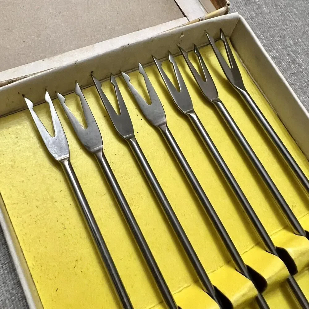 VTG MCM Teak Handle Stainless Fondue Forks Original Box 11 Pcs Made In Japan EXC